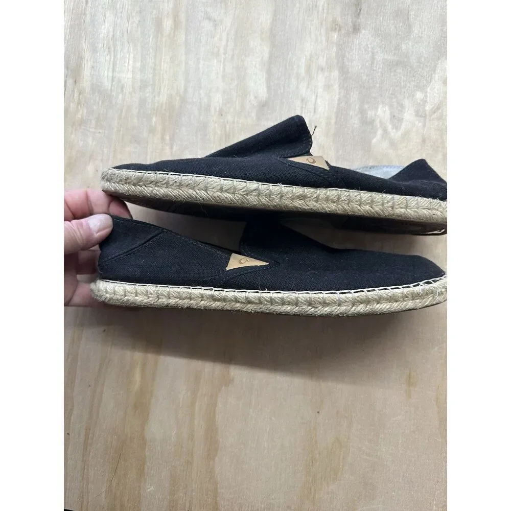 OluKai Kaula Pa'a Kapa Shoes Womens Size 8 Black Espadrille Slip On Canvas Flats